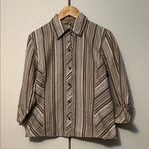 Caslon Striped Button-Up Blouse in Beige, Brown, Black